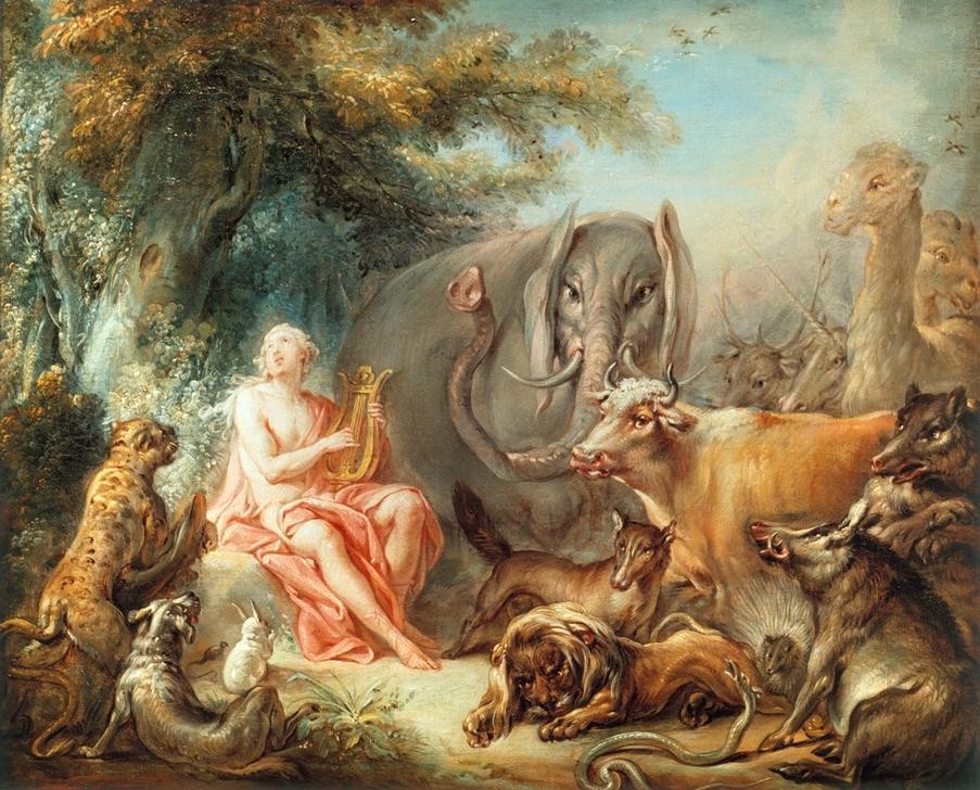 Francois Boucher, Orpheus bezaubert die Tiere (Elefant,Musik,Mythologie,Instrument,Rokoko,Französische Kunst,Griechisch-Römische Mythologie,Lyra)