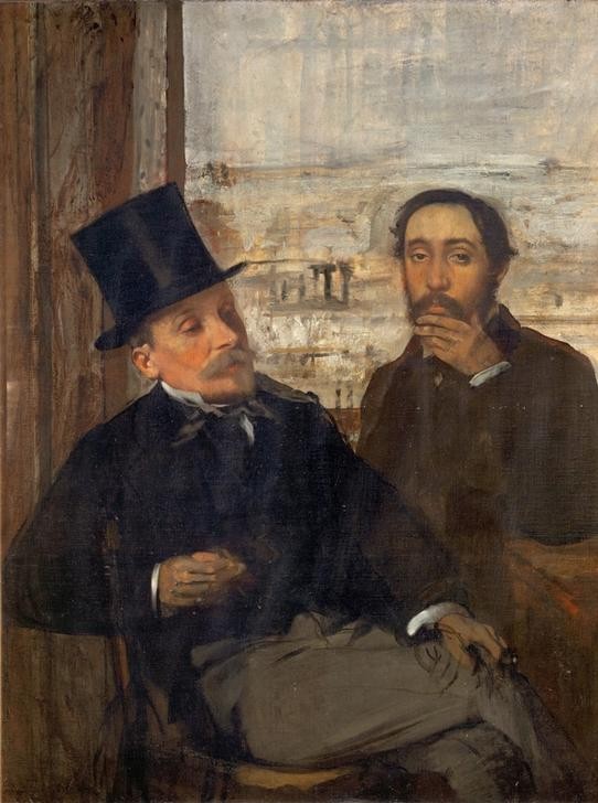 Edgar Degas, Degas et Valerne (Freundschaft (Allgemein),Herrenmode,Kopfbedeckung,Künstlerleben,Künstler,Maler (Künstler),Mann,Mode,Zylinder (Hut),Impressionismus,Hut,Selbstbildnis,Portrait,Französische Kunst,Kleidung (Allgemein),Männerfreundschaft,Person,Mütze)