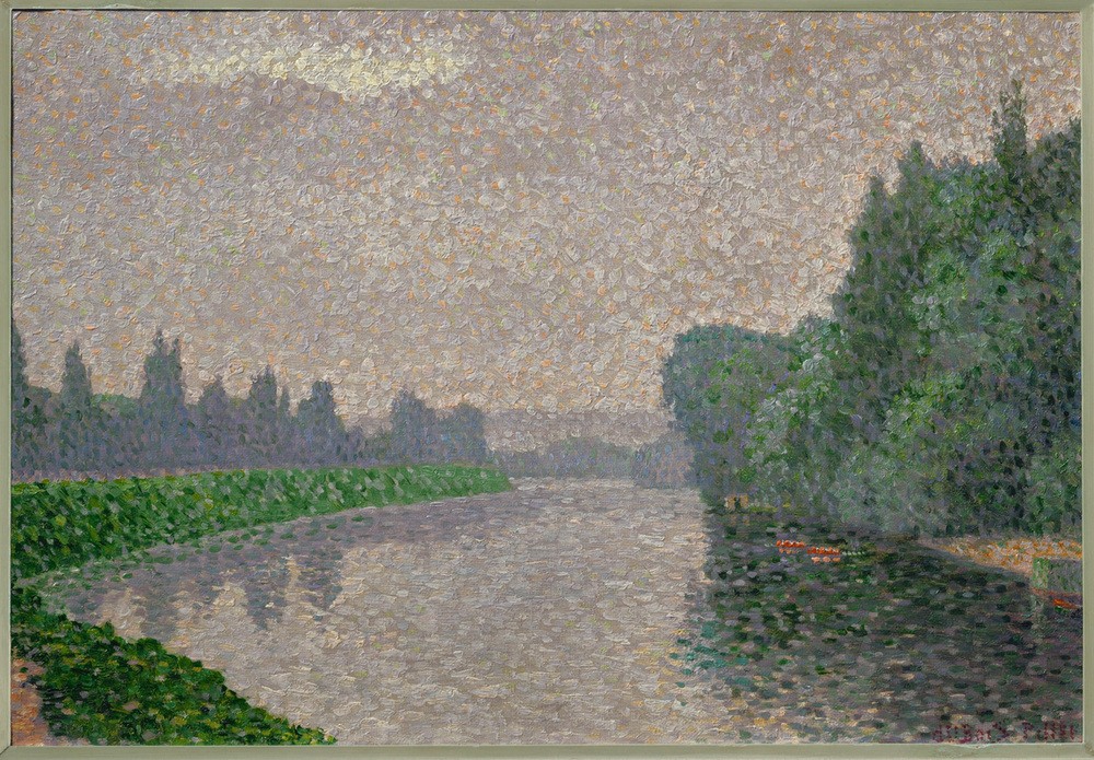 Albert Dubois-Pillet, La Marne à l’aube  (Fluss, Landschaft, Marne, Frankreich, Morgendunst, Pointilismus, Klassische Moderne, Wohnzimmer, Malerei, Wunschgröße)