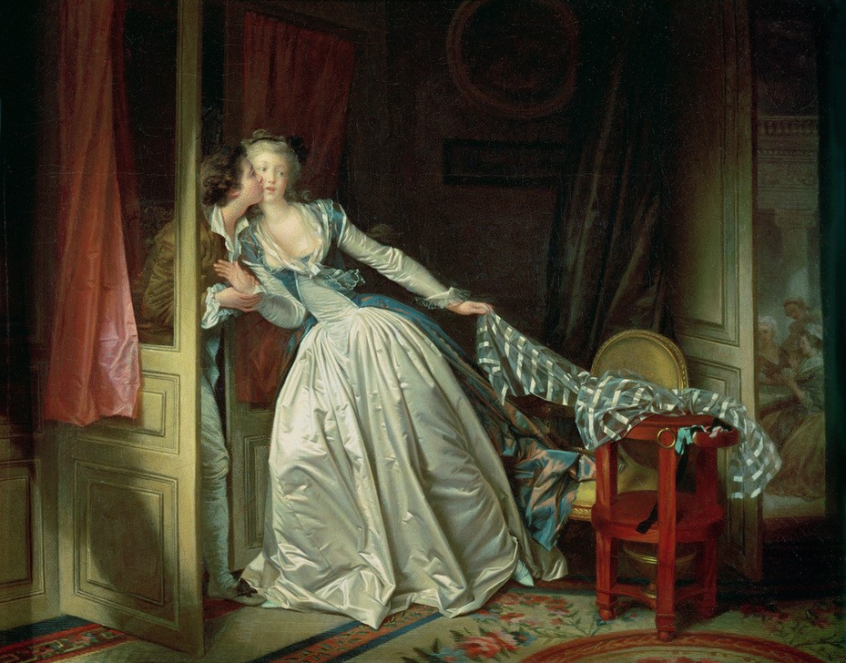 Jean-Honoré Fragonard, Le baiser à la derobée (Zimmer, Interieur, Kuss, junge Frau, heimlich, Liebschaft,  Treppenhaus, Wohnzimmer, Rokoko, Klassiker, Wunschgröße, Malerei, bunt)