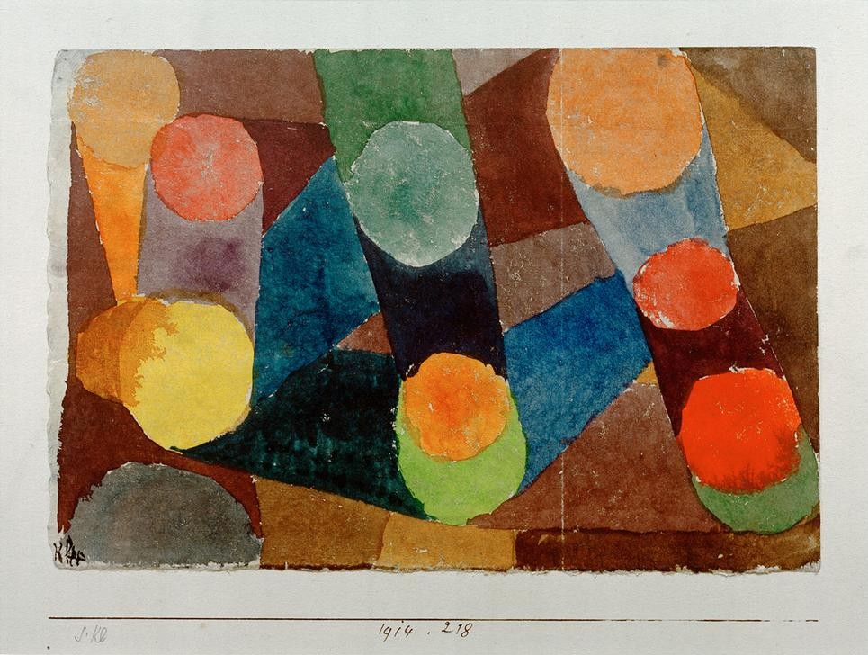 Paul Klee, abstract, farbige Kreise durch Farbbänder verbunden (Deutsche Kunst,Kunst,Geometrisch,Abstrakte Kunst,Schweizerische Kunst,Kreis,Abstraktion,Farbigkeit,Farbe)