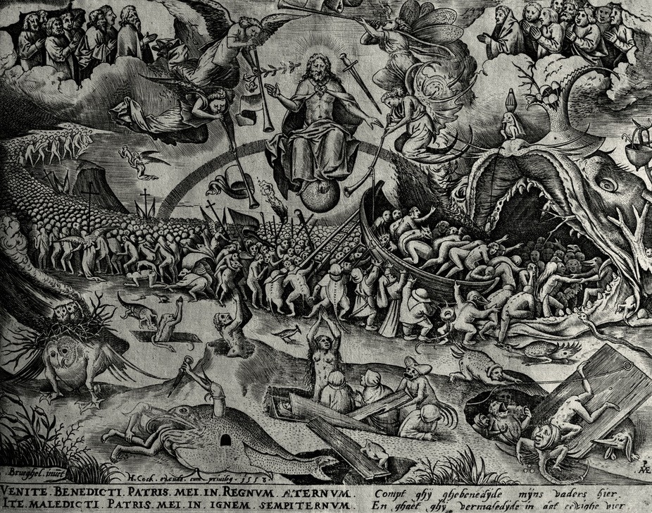 Pieter Brueghel der Ältere, Jüngstes Gericht (Christentum, Religion, Neues Testament, Bibel, Jüngstes Gericht, Zug der Verdammten, Zug der Seligen, Hölle, Apokalypse, Jesus, Richter, Manierismus, Phantastische Kunst, Klassiker, Zeichnung, Wunschgröße, Wohnzimmer, bunt)