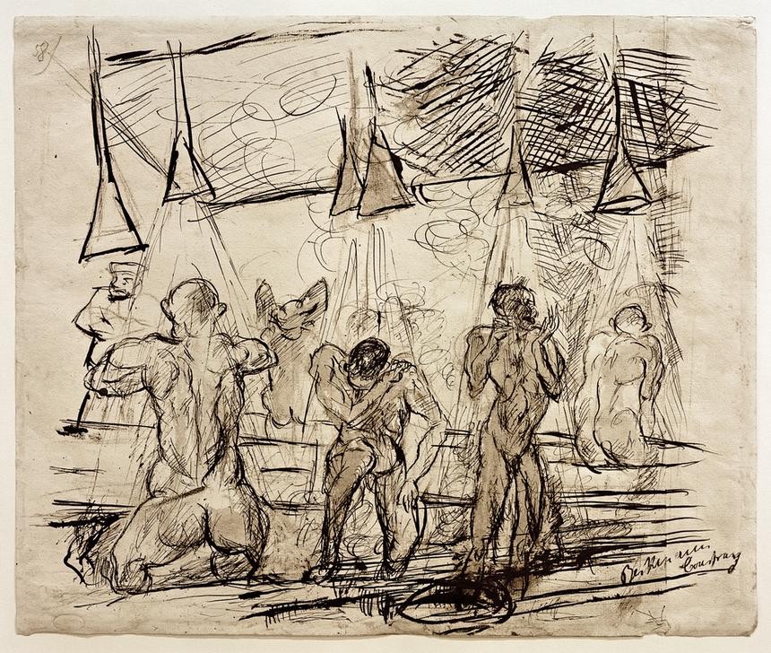 Max Beckmann, Soldatenbad duschende Soldaten (Soldaten, Aktmalerei, nackte Männer, duschen, Reinigung, Mensch und Gesellschaft, Zeichnung, Grafik, Expressionismus, Klassische Moderne, Wunschgröße,  schwarz/weiß)