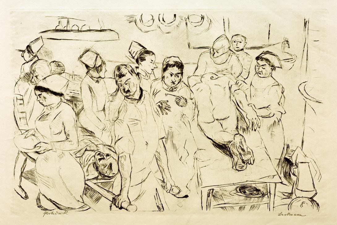 Max Beckmann, Große Operation (Ärzte, Krankenschwestern, Kranke, Tragen, Mensch und Gesellschaft, Zeichnung, Grafik, Expressionismus, Klassische Moderne, Wunschgröße, Wohnzimmer, schwarz/weiß)