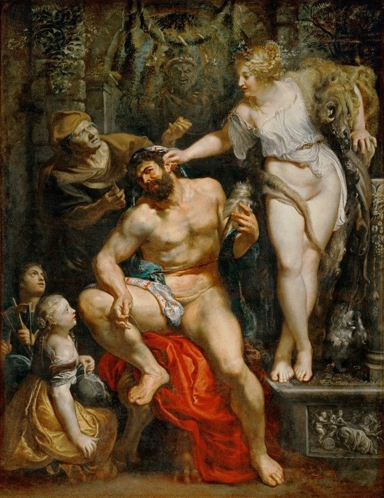 Peter Paul Rubens, Herkules und Omphale (Flämische Kunst,Liebespaar,Mythologie,Barock,Niederländische Kunst,Effemination,Pantoffelheld,Mann Hilft Im Haushalt,Rollentausch,Mann In Frauenrolle,Verweichlichung,Am Ohr Ziehen,Griechisch-Römische Mythologie,Züchtigung)