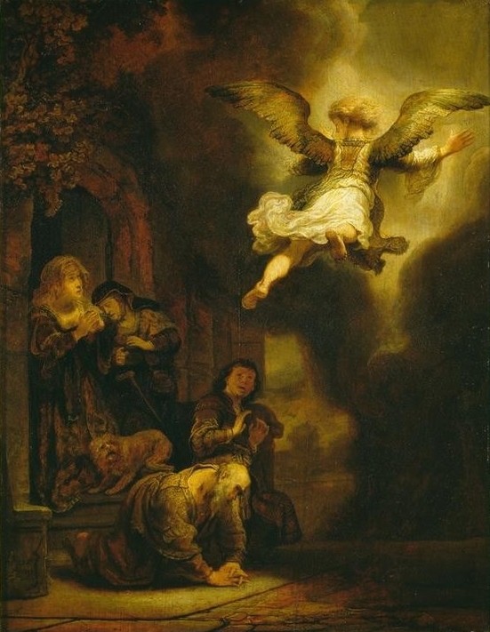 Rembrandt Harmenszoon van Rijn, Der Engel verläßt Tobias und seine Familie (Abschied (Verabschieden),Engel,Familie,Religion,Barock,Altes Testament,Segen,Bibel,Erzengel,Kniefall,Niederländische Kunst,Holländische Kunst,Schweben,Knien,Jüdisch-Christlich)