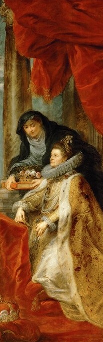 Peter Paul Rubens, Infantin Isabella Clara Eugenia mit der Heiligen Elisabeth (Flämische Kunst,Frau,Geschichte,Heilige,Kult,Gouverneur,Szene,Altar,Barock,Portrait,Stifterbildnis,Fürbitte,Niederländische Kunst,Seitenflügel (Altar),Anbetung (Allgemein),Ildefonso-Altar,Namenspatron,Person)
