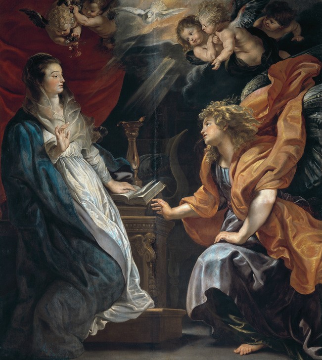 Peter Paul Rubens, Die Verkündigung an Maria (Christentum,Engel,Flämische Kunst,Kunst,Religion,Taube,Vogel,Barock,Neues Testament,Bibel,Putto,Jungfrau,Erzengel,Marienleben,Verkündigung An Maria,Überraschung,Niederländische Kunst,Kleidung (Allgemein),Kindheit Jesu,Lesepult)