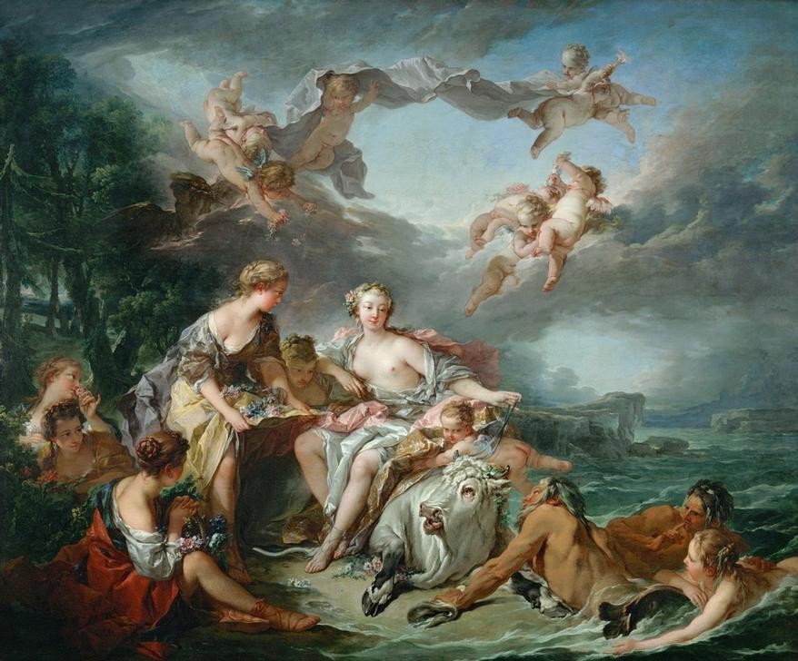 Francois Boucher, L’enlèvement d’Europe (Griechische Kunst,Mythologie,Entführung,Römisch,Rokoko,Putto,Frauenraub,Götterliebschaften,Französische Kunst,Genius,Götter,Tier,Gott,Stier (Tier),Griechisch-Römische Mythologie)