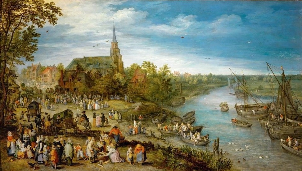 Jan Brueghel der Ältere, Kirchweih in Schelle (Architektur,Boot,Dorfkirche,Dorfstrasse,Dorf,Feste,Flämische Kunst,Handel,Jahrmarkt,Kirche,Landschaft,Markt,Mutter Und Kind,Schiff,Szene,Tanz,Volkskunde,Wasser,Stillen,Barock,Fluss,Bürgertum,Niederländische Kunst,Personentransport,Binnenschiffahrt,Ufer,La)