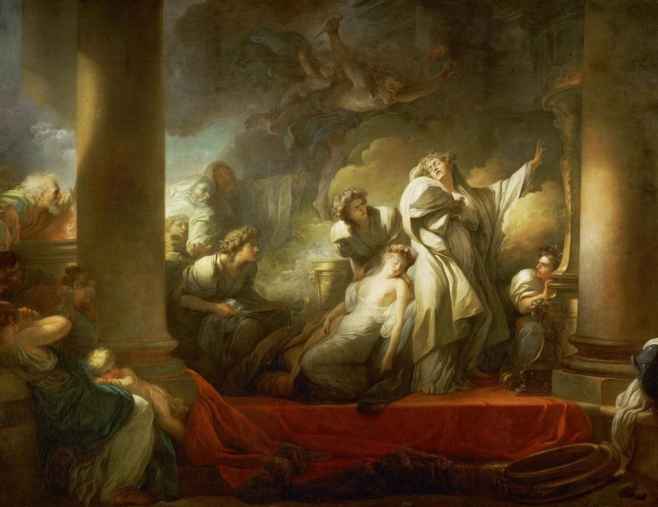 Jean-Honoré Fragonard, Le Grand-Prêtre Corésus se sacrifie pour sauver Callirhoe (Mythologie, Drama, Opfer, Liebe, Selbstmord, Priester, Tod, Nymphe, Rettung, Treppenhaus, Wohnzimmer, Rokoko, Klassiker, Wunschgröße, Malerei, bunt)