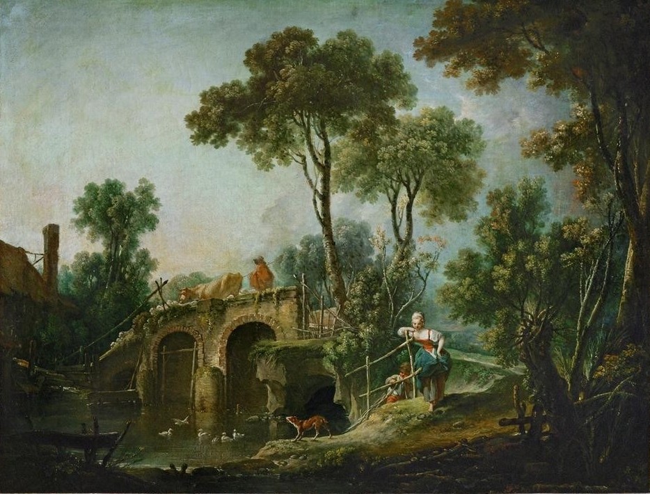 Francois Boucher, Le pont (Bauer (Landwirt),Brücke,Gewässer,Landschaft,Mädchen,Mode,Rind,Tracht,Hirte,Hund,Rokoko,Baum,Bukolik,Ente,Französische Kunst,Idylle,Tier,Natur,Herde,Handlauf,Geländer)