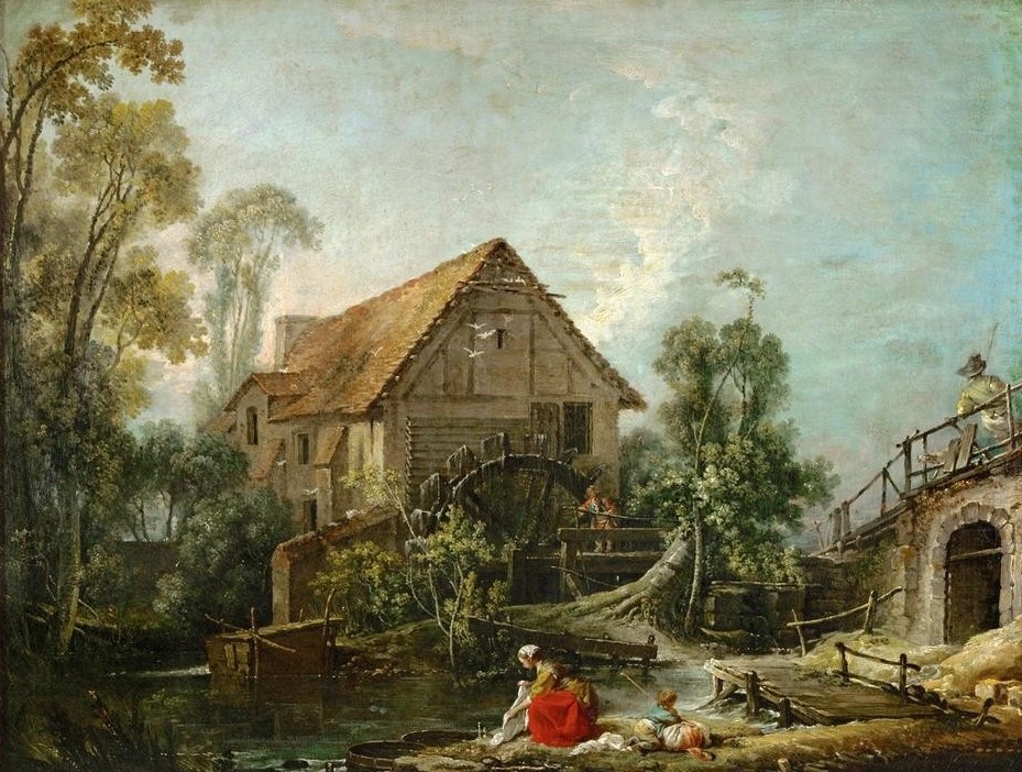 Francois Boucher, Le moulin (Bauernhaus,Brücke,Gewässer,Kind,Landschaft,Mann,Mühle,Mutter Und Kind,Spiel,Taube,Wasser,Wassermühle,Windmühle,Waschen,Rokoko,Hausfrau,Bukolik,Wind,Steg (Architektur),Französische Kunst,Idylle,Wäsche,Frauenleben,Mühlrad,Landwirtschaft,Wäscherin,Alltag)