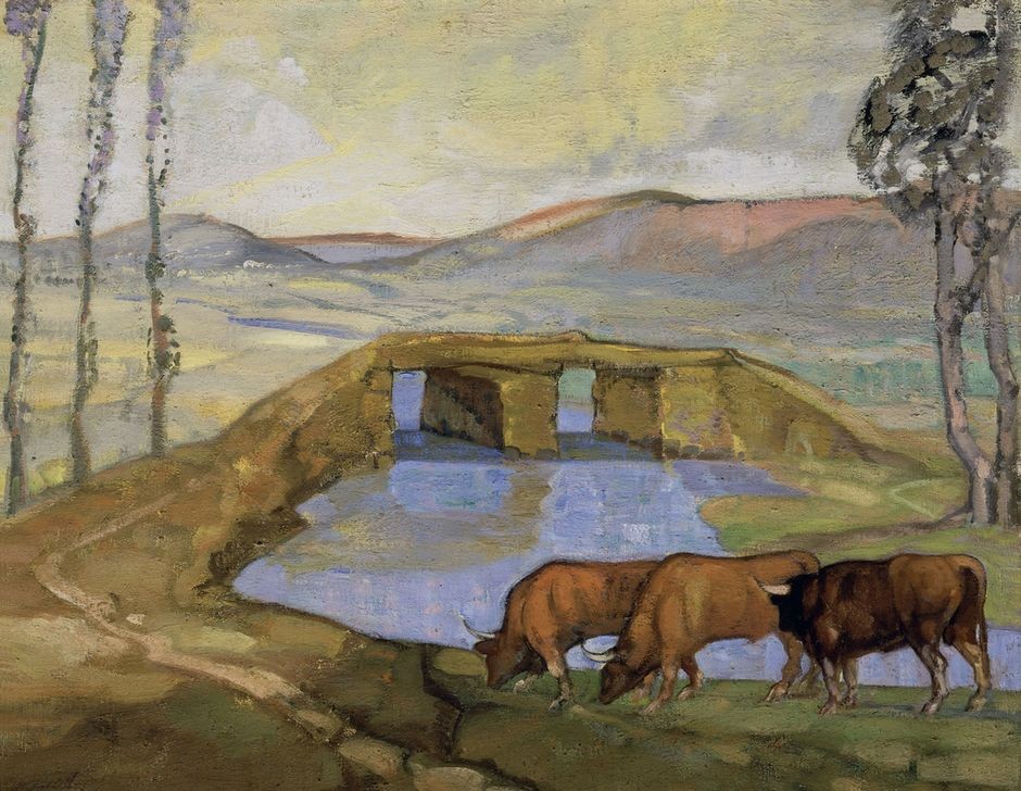 Gustavo de Maeztu, LLANURA DE CASTROJERIZ – SIGLO XX – OLEO  (Brücke,Museum,Fluss,Vieh,Hochplateau,Ranch,Landwirtschaft)