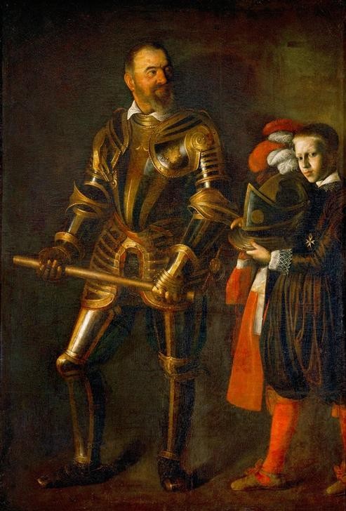 Caravaggio, Alof de Wignacourt mit seinem Pagen (Ritter, Persönlichkeiten, Rüstung, Metall, Glanz, Page, Diener, Helm, Militär,  Säbel, Schwert, Waffe, Malteser, Hell-Dunkel, Barock, Klassiker, Malerei, Wunschgröße, Wohnzimmer)