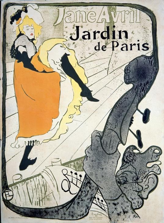 Henri de Toulouse-Lautrec, Jane Avril (Frau,Jugendstil,Musiker,Musik,Noten,Tänzerin,Tanz,Theater,Variete (Entertainment),Plakat,Revue (Musiktheater),Bühne,Französische Kunst,Cancan,Gebrauchsgrafik,Fin De Siecle,Jahrhundertwende,Privatsammlung)