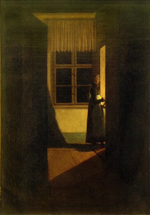 Caspar David Friedrich, Frau die Treppe hinabsteigend (Architektur,Deutsche Kunst,Fenster,Frau,Licht Und Beleuchtung,Tageszeiten,Treppe,Nacht,Kerze (Licht),Interieur,Frauenleben,Romantik,Licht Und Schatten)