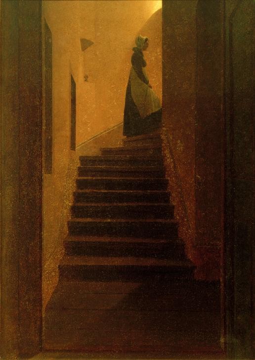 Caspar David Friedrich, Frau zum Licht hinaufsteigend (Architektur,Deutsche Kunst,Frau,Kunst,Licht Und Beleuchtung,Tageszeiten,Treppe,Nacht,Interieur,Licht,Treppensteigen,Frauenleben,Romantik,Licht Und Schatten)