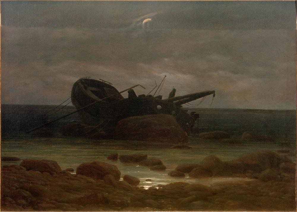 Caspar David Friedrich, Wrack im Mondschein (Deutsche Kunst,Himmel (Natur),Kunst,Landschaft,Mond,Schiff,Strand,Wolke,Tageszeiten,Nacht,Meer,Felsen,Romantik,Wrack,Schifffahrt)