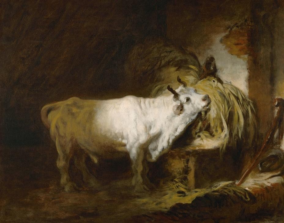 Jean-Honoré Fragonard, Le taureau blanc a l’étable (Stier, tier, Nutztier, weißer Stier, Heu, Futter, Fressen, Stall, Treppenhaus, Wohnzimmer, Esszimmer, Rokoko, Klassiker, Wunschgröße, Malerei, bunt)