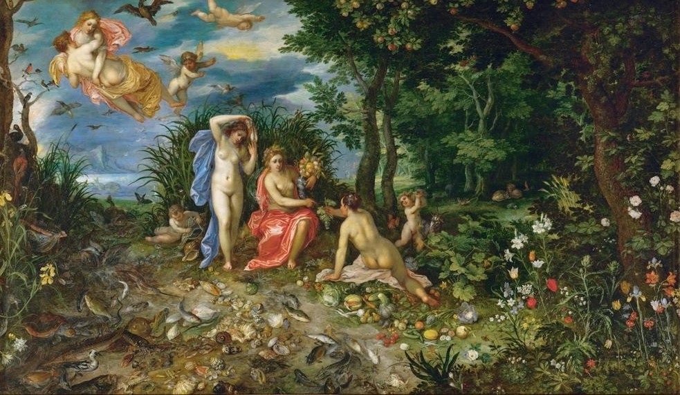 Jan Brueghel der Ältere, Ceres und die vier Elemente. (Elemente,Früchte,Griechische Kunst,Landschaft,Mythologie,Vogel,Erde,Römisch,Barock,Fisch,Allegorie,Putto,Muschel,Genius,Götter,Fruchtbarkeit,Füllhorn,Göttin,Leben,Natur,Schöpfung,Blume,Griechisch-Römische Mythologie,Landwirtschaft,Vier Elemente)