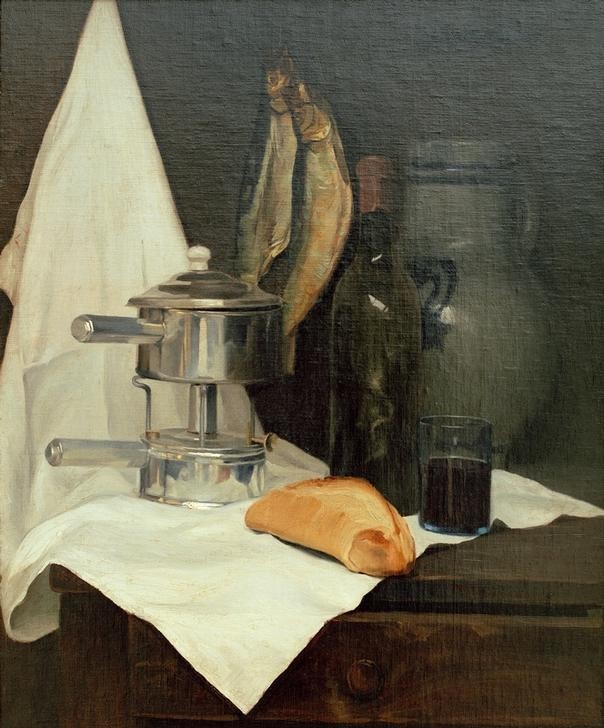 Felix Vallotton, Nature morte aux harengs (Brot,Kunst,Wein,Nahrungsmittel,Fisch,Realismus,Stillleben,Flasche,Schweizerische Kunst,Hering,Petroleumkocher,Krug)