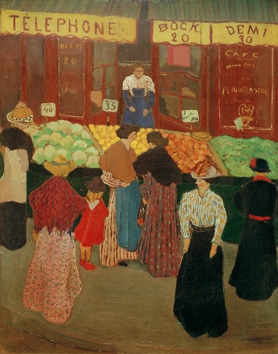 Felix Vallotton, Au marche (Arbeit,Damenmode,Frau Und Beruf,Frau,Gemüse,Handel,Kind,Mädchen,Markt,Strassenhandel,Strassenszene,Szene,Telefon,Verkäuferin,Nahrungsmittel,Schultertuch,Französische Kunst,Schweizerische Kunst,Einkauf,Marktfrau,Cafe,Alltagskultur,Frauenleben,Frauenarbeit,)
