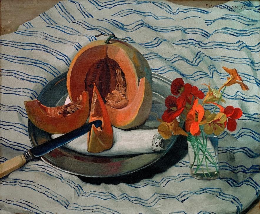 Felix Vallotton, Un melon ouvert sur une serviette (Früchte,Kunst,Obst,Stillleben,Messer,Tischtuch,Blumenstrauss,Teller,Französische Kunst,Schweizerische Kunst,Nabis,Melone (Frucht))