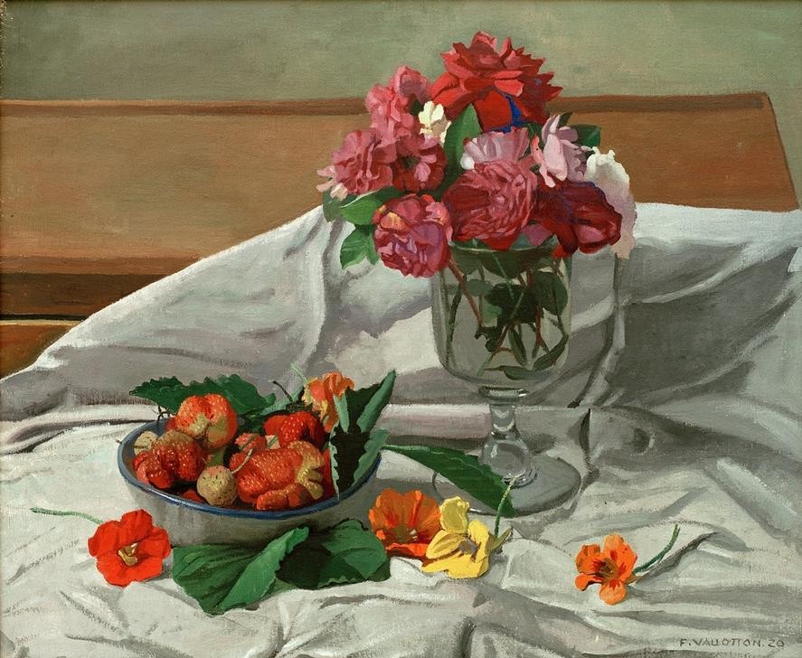 Felix Vallotton, Fleurs et fraises (Erdbeere,Kunst,Obst,Stillleben,Tischtuch,Blumenstrauss,Französische Kunst,Schweizerische Kunst,Nabis,Blume)