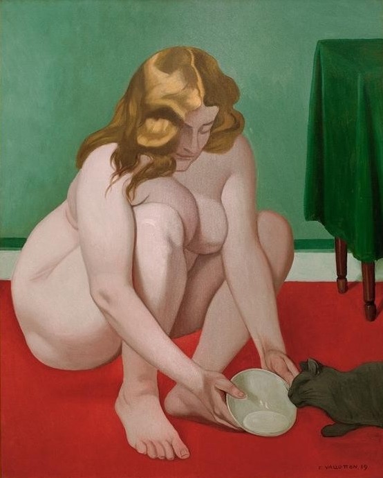Felix Vallotton, Femme accroupie offrant du lait a un chat (Frau,Katze (Tier),Milch,Akt,Französische Kunst,Fütterung,Schweizerische Kunst,Haustier,Frau Und Tier,Nabis,Hocken)