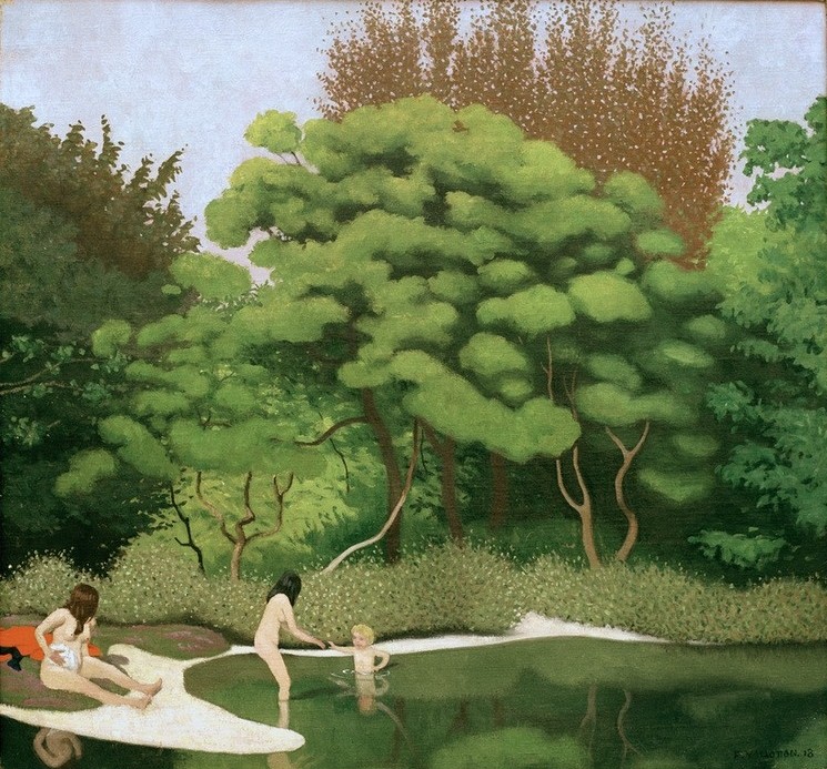 Felix Vallotton, Paysage sousbois ensoleillé, avec deux femmes et un enfant (Körperpflege,Bad Im Freien,Bad,Landschaft,Wald,See,Akt,Französische Kunst,Waldsee,Nabis,Grün)