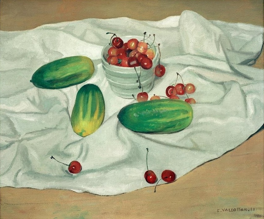 Felix Vallotton, Trois concombres et un vase blac contenant des cerises (Gemüse,Kirsche,Kunst,Obst,Gurke,Nahrungsmittel,Stillleben,Tischtuch,Französische Kunst,Schweizerische Kunst,Nabis)