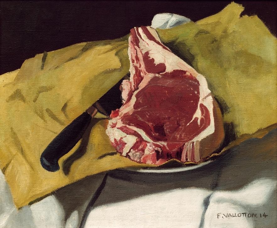Felix Vallotton, Une entrecote sur un papier jaune (Kunst,Nahrungsmittel,Stillleben,Fleisch,Messer,Französische Kunst,Schweizerische Kunst,Nabis,Rippenstück,Rindfleisch)