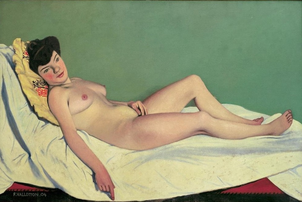 Felix Vallotton, Femme nue couchee sur un drap blanc, coussin jaune (Frau,Jugendstil,Akt,Kissen,Französische Kunst,Schweizerische Kunst,Bettwäsche,Nabis,Liegen)