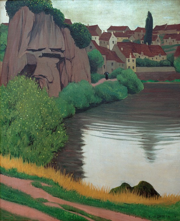 Felix Vallotton, Paysage a Semur (Dorf,Landschaft,See,Fluss,Neue Sachlichkeit,Kleinstadt,Felsen,Französische Kunst,Schweizerische Kunst,Ufer)