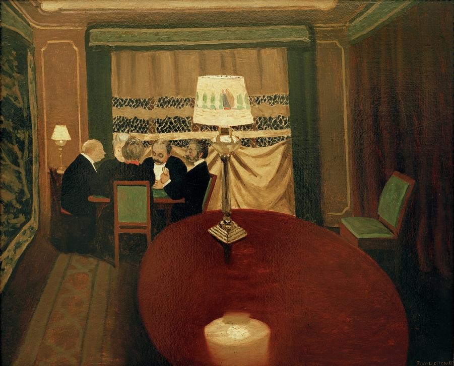 Felix Vallotton, Le poker (Gesellschaftliches Leben,Jugendstil,Freizeit,Spiel,Tischlampe,Abend,Poker,Kartenspiel,Interieur,Französische Kunst,Schweizerische Kunst,Nabis,Geselliges Beisammensein)