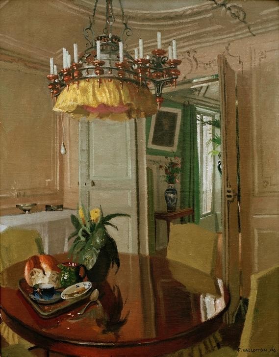 Felix Vallotton, Interieur, table de salle a manger avec bouquet (Wohnung,Speisezimmer,Interieur,Französische Kunst,Schweizerische Kunst,Tablett,Innenansicht,Nabis)