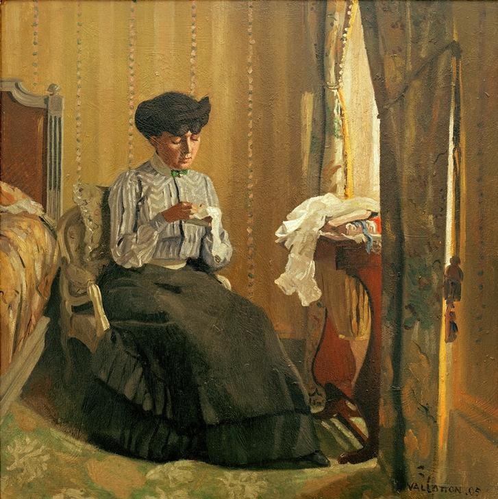 Felix Vallotton, Jeune femme cousant pres de la fenêtre (Fenster,Frau,Handarbeit,Kunst,Näherin,Schlafzimmer,Nähen,Französische Kunst,Nabis,Jahrhundertwende)