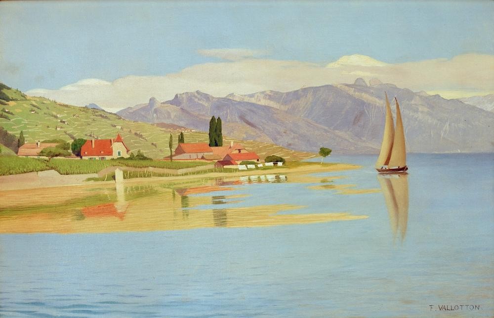 Felix Vallotton, Le port de Pully (Gebirge,Geographie,Landschaft,Segelboot,See,Schweizerische Kunst,Ufer,Topographie)