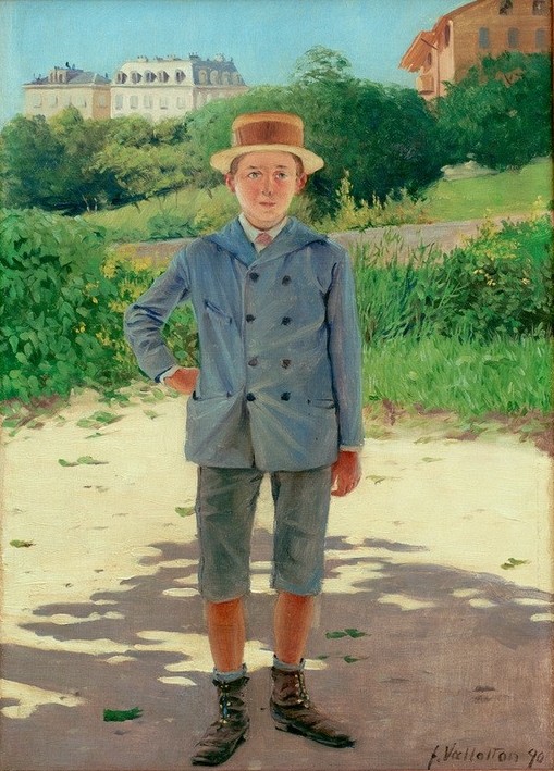 Felix Vallotton, Portrait du jeune Delisle (Kindermode,Kind,Mensch,Impressionismus,Portrait,Strohhut,Schweizerische Kunst,Knabe,Schulkind,Sonnenschein)