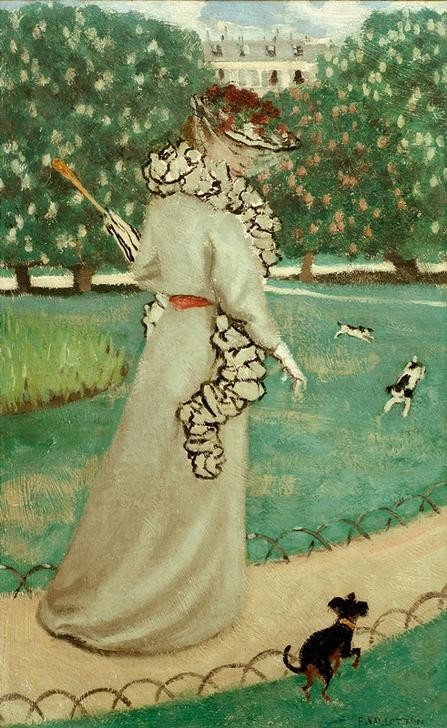 Felix Vallotton, Au Jardin du Luxembourg (Damenmode,Frau,Menschen Im Park,Mode,Freizeit,Spaziergang,Hund,Reise,Französische Kunst,Schweizerische Kunst,Frau Und Tier,Frauenleben)