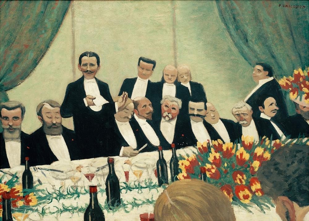 Felix Vallotton, Le toast (Festmahl,Gesellschaftliches Leben,Tafelsitten,Genussmittel,Nahrungsmittel,Rede,Französische Kunst,Herrenrunde,Schweizerische Kunst,Trinkspruch,Ansprache,Jahrhundertwende,Diner)