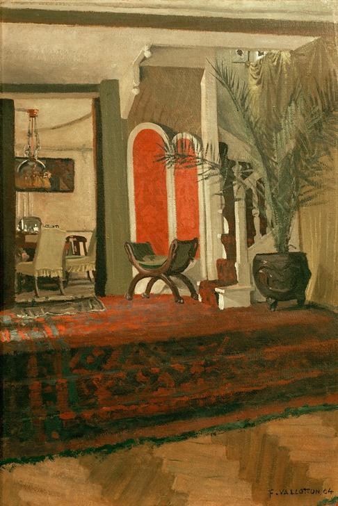 Felix Vallotton, Interieur, salon avec escalier et salle a manger dans le fo (Treppenhaus,Vorzimmer,Wohnung,Interieur,Französische Kunst,Schweizerische Kunst,Innenansicht,Diele,Nabis)