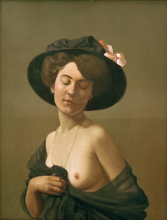 Felix Vallotton, Femme drapee dans une echarpe noir, chapeau noir (Damenhut,Erotik,Frau,Jugendstil,Schönheit,Hut,Akt,Busen,Portrait,Französische Kunst,Schweizerische Kunst,Halbakt,Nabis,Schwarz)