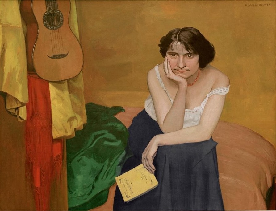 Felix Vallotton, Femme brune assise de face, avec guitare (Bett,Frau,Gitarre,Mensch,Nachdenken,Langeweile,Französische Kunst,Schweizerische Kunst,Sitzen)