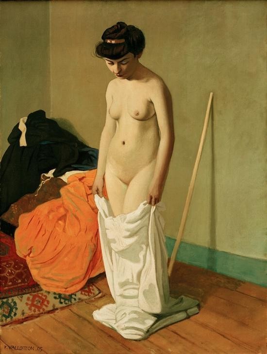 Felix Vallotton, Femme nue debout tenant sa chemise a deux mains (Frau,Jugendstil,Akt,Französische Kunst,Schweizerische Kunst,Entkleiden,Nabis)