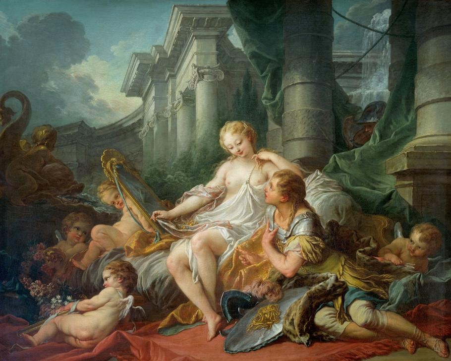 Francois Boucher, Rinaud et Armide (Architektur,Gebet,Dichter,Liebe,Liebespaar,Mädchen,Pfeil,Rüstung (Schutzkleidung),Spiegel,Säule,Akt,Rokoko,Putto,Portrait,Französische Kunst,Poesie,Genius,Paar,Kleidung (Allgemein),Anbetung (Allgemein),Kopf,Betender,Blume,Krieger,Gefühl (Stimmung),Zauberg)