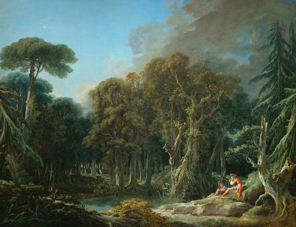 Francois Boucher, La Forêt (Gewässer,Landschaft,Wald,See,Rokoko,Baum,Französische Kunst,Reisigsammler,Lichtung,Ausruhen,Krieger)