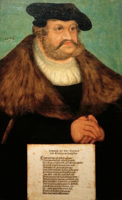 Lucas Cranach der Ältere, Friedrich der Weise von Sachsen (Adeliger, Mann, Barrett, Kopfbedeckung, Adel, Pelzkragen, Gesellschaft, Persönlichkeiten, Menschen, Portrait, Klassiker, Renaissance, Wunschgröße, Wohnzimmer)