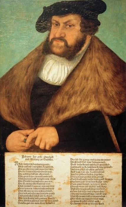 Lucas Cranach der Ältere, Johann der Beständige (Fürst, Adeliger, Eleganz, Persönlichkeiten, Kopfbedeckung, Barrett, Mode, Pelzkragen, Bart,   Gesellschaft, Menschen, Portrait, Klassiker, Renaissance, Wunschgröße, Wohnzimmer)